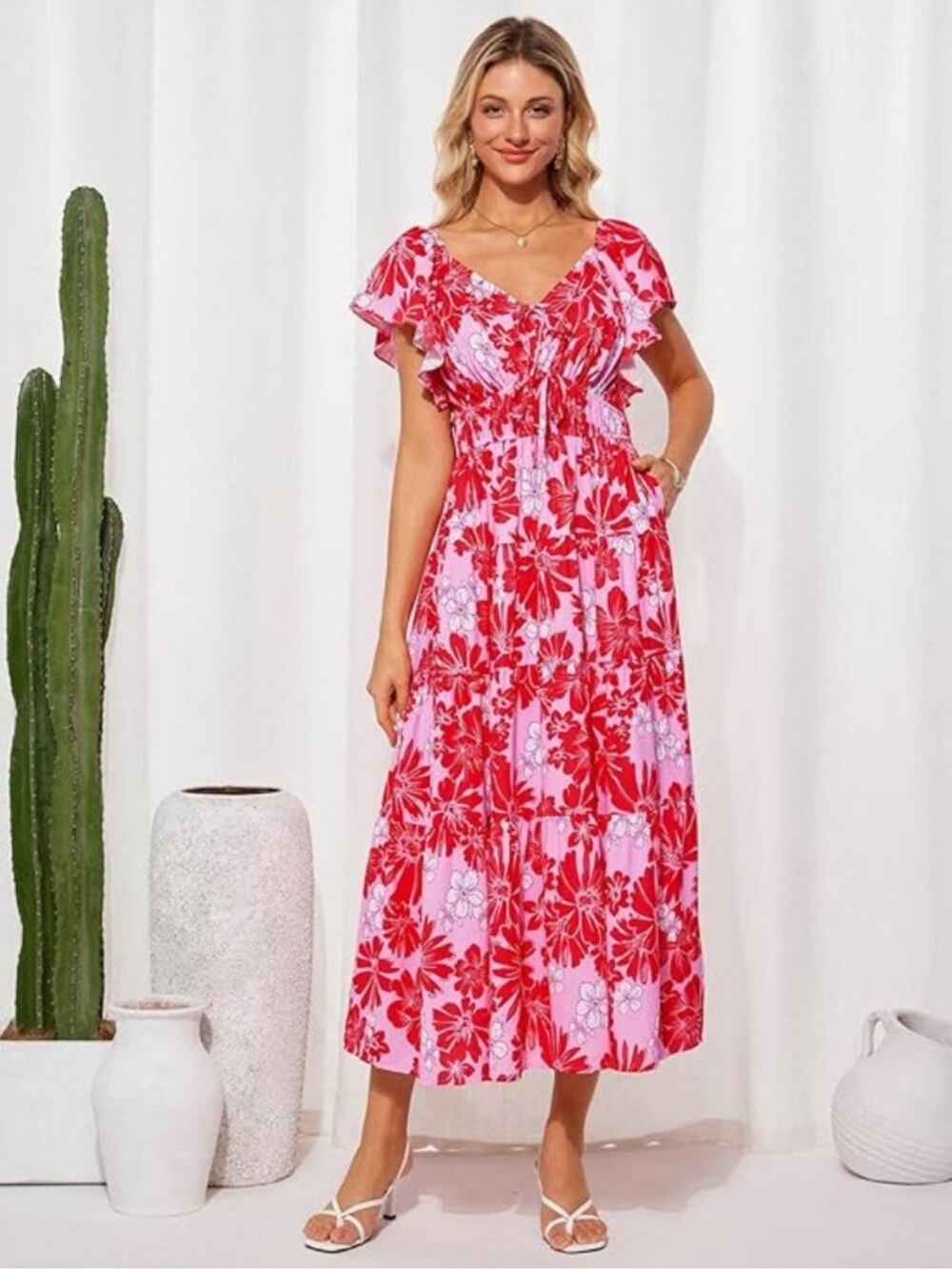 Grace Karin Pink & Red Floral Maxi Dress with Ruffle Sleeves size S